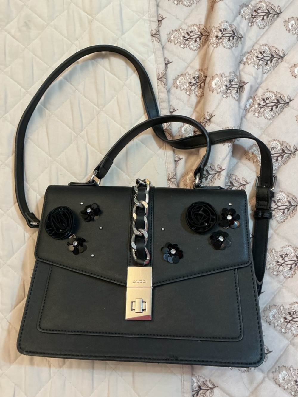 Aldo Black Floral Appliqué Satchel with Chain Accent
